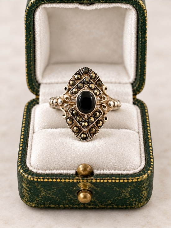 Antique Jewelry - Antique 1920s Art Deco Sterling Silver Black Onyx Marcasite Ring Size 10